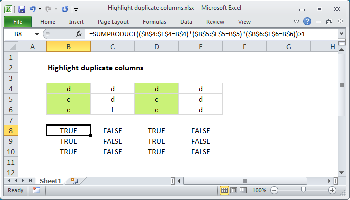 Excel Formula: Highlight Duplicate Columns | Exceljet